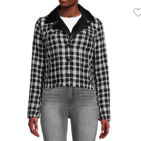 Karl Lagerfeld Paris Faux Leather‎ Collar Tweed Jacket Black White XL - Picture 1 of 6